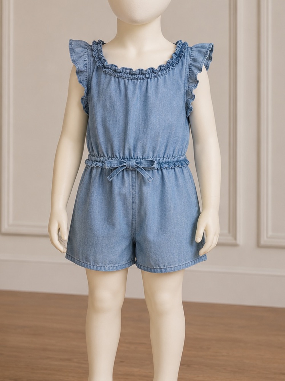 Crewcuts Girls Denim Romper Ruffle Trim Sleeveless Chambray Dress Sz 8
